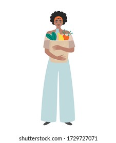 Grocery shopping. Happy black woman holding paper bag with fresh vegetables and fruit. Beautiful girl in casual clothes buys healthy food. Flat vector illustration