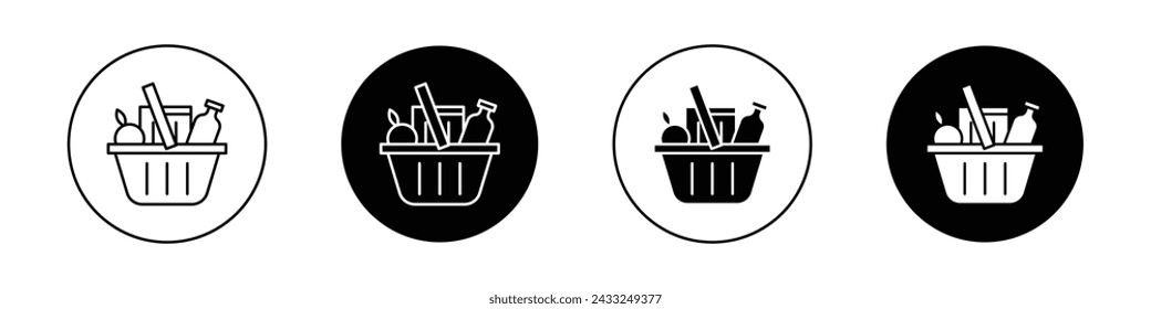 Conjunto de iconos de compras de comestibles. Símbolo de mercado de cesta y vector de producto en un estilo relleno y perfilado negro. Signo de Fresh Picks.