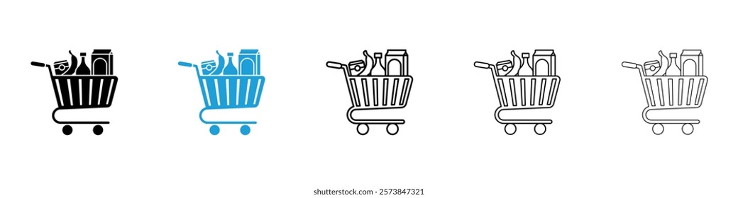 Grocery shopping icons in filled and 3 stroke weights