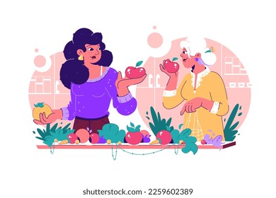 Grocery Shopping Illustration vector illustration. Mother and daughter shopping for apples in local store.