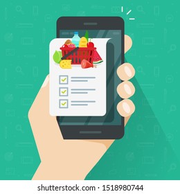 Grocery Shopping List App On Cellphone Or Smartphone Vector Illustration, Flat Cartoon Person Holding Mobile Phone And Food Products List To Buy With Checklist Or Checkmarks