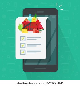 Grocery Shopping List App On Cellphone Or Smartphone Vector Illustration, Flat Cartoon Mobile Phone And Food Products List To Buy With Checklist Or Checkmarks Isolated Icon