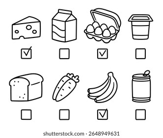 Grocery shopping list doodles. Bread, milk, eggs and cheese, bananas and other popular grocery items. Simple cartoon drawing, vector clip art illustration.