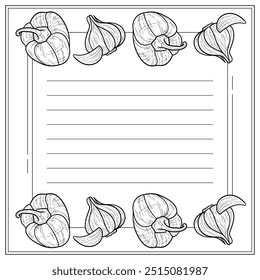 Grocery shopping list with hand-drawn vegetables, recipe card template, printable memo note for planner, note paper for organization, black and white outline veggies drawings, culinary notebook page