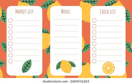 Grocery shopping list template and menu creation with lemons on the background
