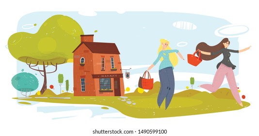 Grocery Shopping at Local Rustic Market Cartoon. Smiling Young Women, Girls with Bags Outside. Female Friends, Sisters Happy with Purchases. Trendy Flat Lifestyle. Vector Craft Illustration