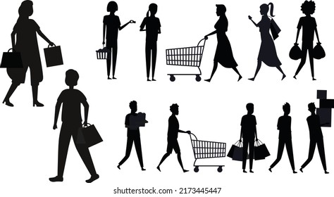 Grocery Shopping men women silhouettes Vector