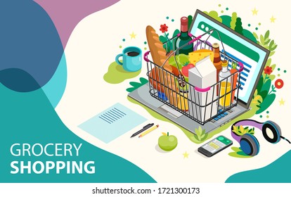 Grocery shopping online concept. Laptop with supermarket basket with fresh vegetables, food and beverage. Modern concept for web banners, web sites, infographics.  Vector Illustration.