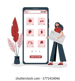Grocery shopping online concept. Order food online. Flat cartoon vector illustration. Fresh Groceries. App on mobile phone.