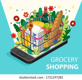 Grocery shopping online concept. Smartphone screen with supermarket basket with fresh vegetables, food and beverage. Modern concept for web banners, web sites, infographics.