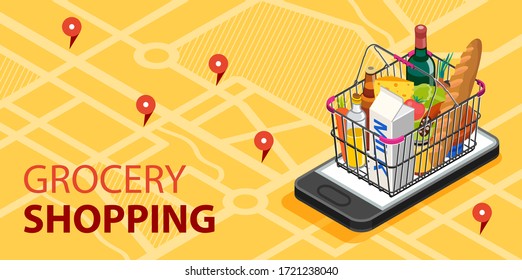 Grocery shopping online concept. Smartphone screen with supermarket basket with fresh vegetables, food and beverage. Modern concept for web banners, web sites, infographics.