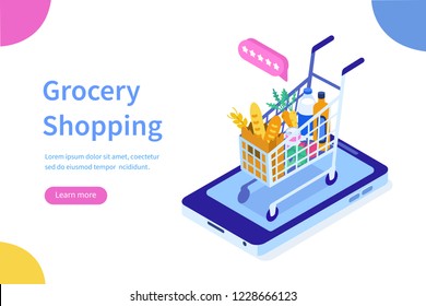 Grocery shopping online concept.Can use for web banner, infographics, hero images. Flat isometric vector illustration isolated on white background.