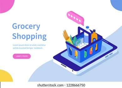 Grocery shopping online concept.Can use for web banner, infographics, hero images. Flat isometric vector illustration isolated on white background.