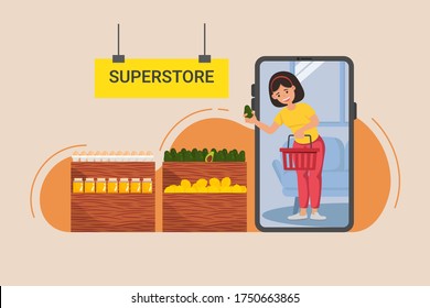 Grocery Shopping Online Concept. A woman stay home order or buy foods via mobile phone.