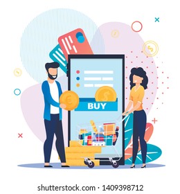 Grocery Shopping Online On Mobile Application. Happy Family Orders And Pays For Products From Internet Store Distantly. E-commerce And Delivery Service. Vector Flat Cartoon Illustration