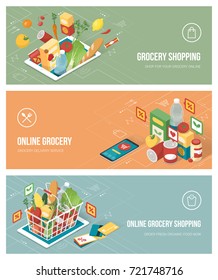 Grocery shopping online using apps on a smartphone and tablet; healthy eating, retail and technology concept