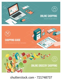 Grocery shopping online using apps on a laptop, smartphone and tablet; healthy eating, retail and technology concept