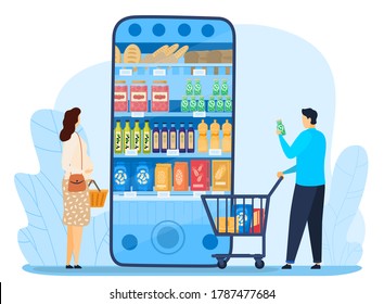 Grocery shopping online vector illustration. Cartoon flat tiny characters with trolley standing next to big smartphone with supermarket shop mobile app, food retail grocery service isolated on white