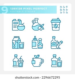 Grocery shopping pixel perfect blue RGB color icons set. Food retail. Eats and beverages. Convenience store. Isolated vector illustrations. Simple filled line drawings collection. Editable stroke