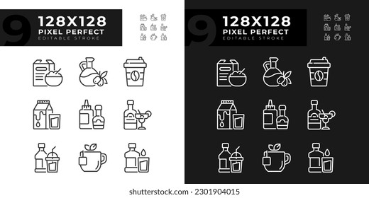 Grocery shopping pixel perfect linear icons set for dark, light mode. Food retail. Eats and beverages. Thin line symbols for night, day theme. Isolated illustrations. Editable stroke