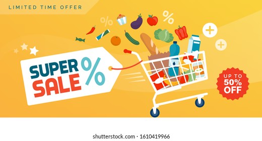 Grocery shopping promotional sale advertisement: fast shopping cart full of fresh colorful food
