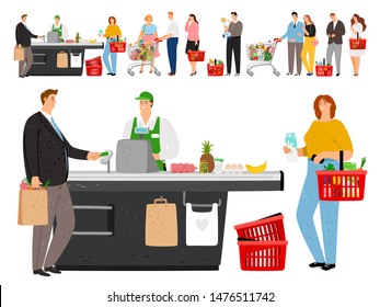 Grocery Shopping Queue. Shop Queues People, Cartoon Retail Store Customers In Long Line And Cashier Staff, Groceries Supermarket Crowd Waiting, Vector Illustration