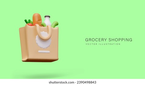 Compras de comestibles. Bolsa realista con pan, leche, verduras. Alimentos saludables, suministros agrícolas. Publicidad de tienda local. Pedido en línea. Concepto horizontal sobre fondo verde con espacio para texto