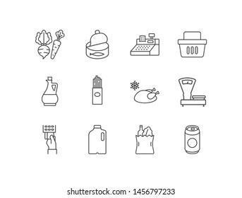 Grocery, Shopping Related Line Icons With Vegetables, Canned Food, Cash Register, Basket, Oil, Pasta, Frozen Product, Scale, Pos Terminal, Milk, Paper Bag, Beer. 