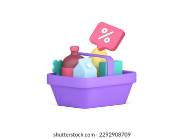 Grocery shopping sale discount supermarket basket full of food drink 3d icon realistic vector illustration. Groceries store shop purchase retail buying goods special offer product purchasing clearance