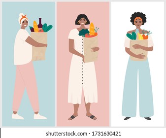 Grocery shopping set. Collection of happy women holding paper bags with fresh vegetables and fruit. Beautiful girls in casual clothes buying healthy organic food. Flat vector illustration