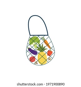 Grocery shopping turtle bag with various healthy products on white isolated background Natural food, organic fruits and vegetables. Vector illustration cartoon flat style 
