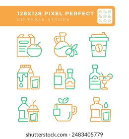 Grocery shopping two color line icons set. Food retail. Eats and beverages. Supermarket goods. Convenience store bicolor outline iconset isolated. Duotone pictograms thin linear. Editable stroke