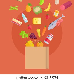 Grocery shopping vector concept. Purchases planning and buying fresh products for a week concept. Various foods falling in paper bag illustration for market, shop, food delivery ad, menu, prints.