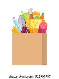 Grocery shopping vector concept. Purchases planning and buying fresh products for a week concept. Various foods sticking from  paper bag illustration for market, shop, food delivery ad, menu, prints.