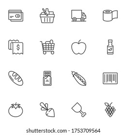 Grocery shopping vector icons set, modern solid symbol collection, filled style pictogram pack. Signs, logo illustration. Set includes icons as shopping basket, payment card, delivery truck, fruits