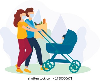 Grocery shopping. A young family walks in masks. A girl is driving a pram with a child, next to her is a man with a package. Childcare facilities. Vector illustration in flat style.