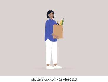 Grocery shopping, a young female character holding a paper bag full of vegetables, fruits, and bread, healthy eating concept