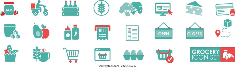 Grocery Solid icons vector collection. Shopping icon set—online shopping, store, delivery, promotion, and shopping cart symbol.