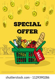 grocery store advertising for sale with basket full of goods and coins of money falling down in the air and typography
