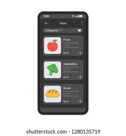 Grocery store app interface vector template. Mobile app interface black design layout. Smartphone food buying. Online shopping. Fruits, vegetables, bread. Flat UI. Phone display with food categories