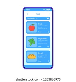 Grocery store app interface vector template. Mobile app interface blue design layout. Smartphone food buying. Online shopping. Fruits, vegetables, bread. Flat UI. Phone display with food categories