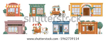 Grocery store and bakery, mobile coffee kiosk on bike, cafe restaurant and hair salon barbershop, florist flower store and clothing boutique, shop with souvenirs isolated building set facade exterior