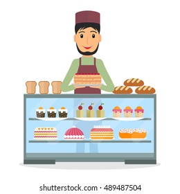 Grocery store or bakery shop male salesperson near vitrine with cakes and pastry in flat style. Smiling man bakery seller at the counter.