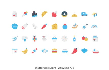 Loja de mercearia, padaria, produtos veganos e láteos, pedidos de aplicativos móveis e conjunto de ícones de cores de entrega de alimentos. Bife de carne e peixe, banana e brócolis, maçã e ovos para cozinhar vetor plano ilustração