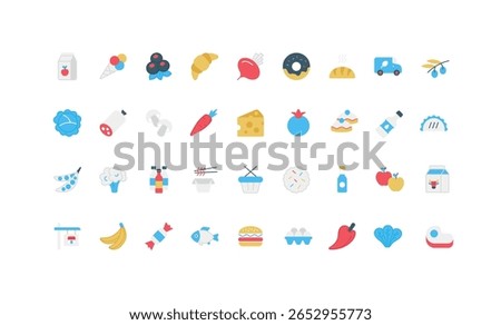 Grocery store, bakery, vegan and dairy products, mobile app orders and food delivery color icon set. Meat steak and fish, banana and broccoli, apple and eggs for cooking flat vector illustration