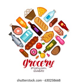 Grocery store, banner. Food and drinks icons set. Vector illustration