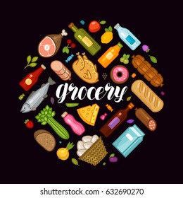 Grocery Store, Banner. Food And Drinks Icons Set. Cartoon Vector Illustration