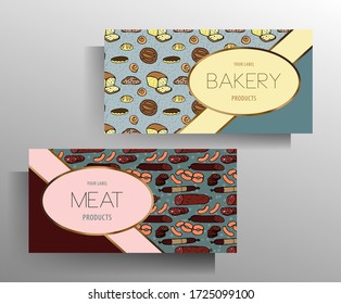 Juego de plantillas de banner de tienda de comestibles. El patrón de color se dibuja a mano. Vector 10 EPS.