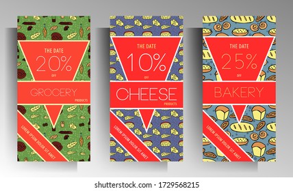 Grocery store banner template set. The color pattern is drawn by hand. Vector 10 EPS.