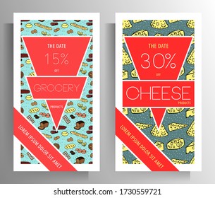 Grocery store banner template set. The color pattern is drawn by hand. Vector 10 EPS.